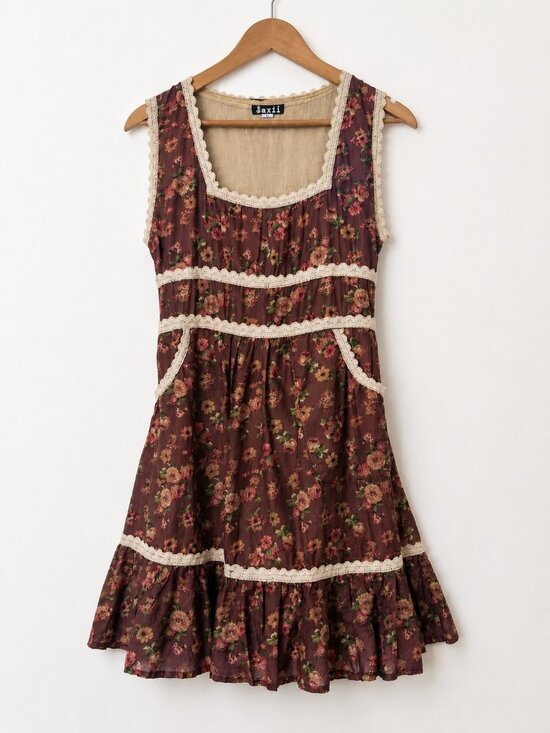 Jayli Dresses & Skirts - Prairie Floral Cottagecore Dress Size S Lace Trim Rose Print Boho Romantic